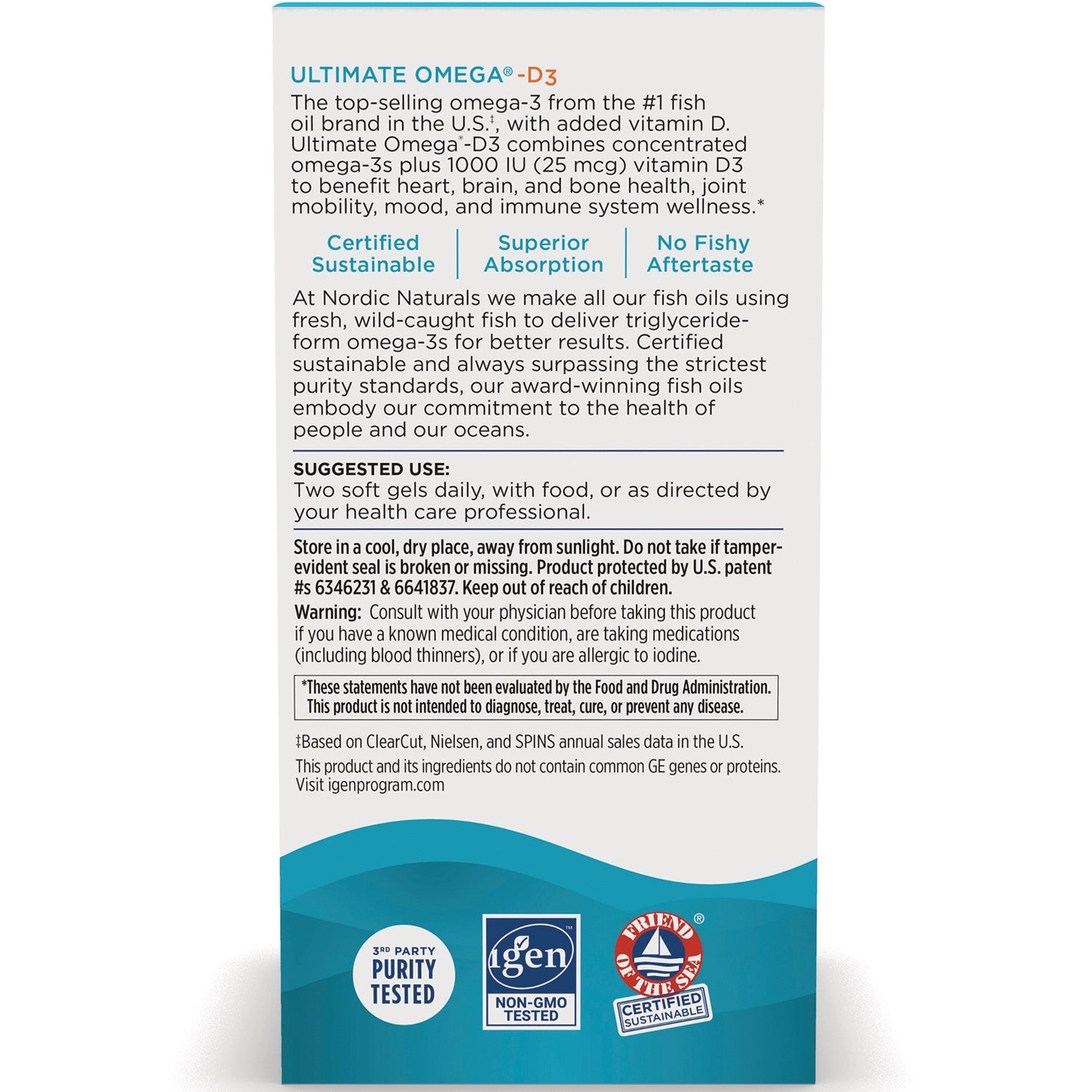 NRN034 | back panel of Nordic Naturals Ultimate Omega-D3 box showing suggested use, warnings, and certifications