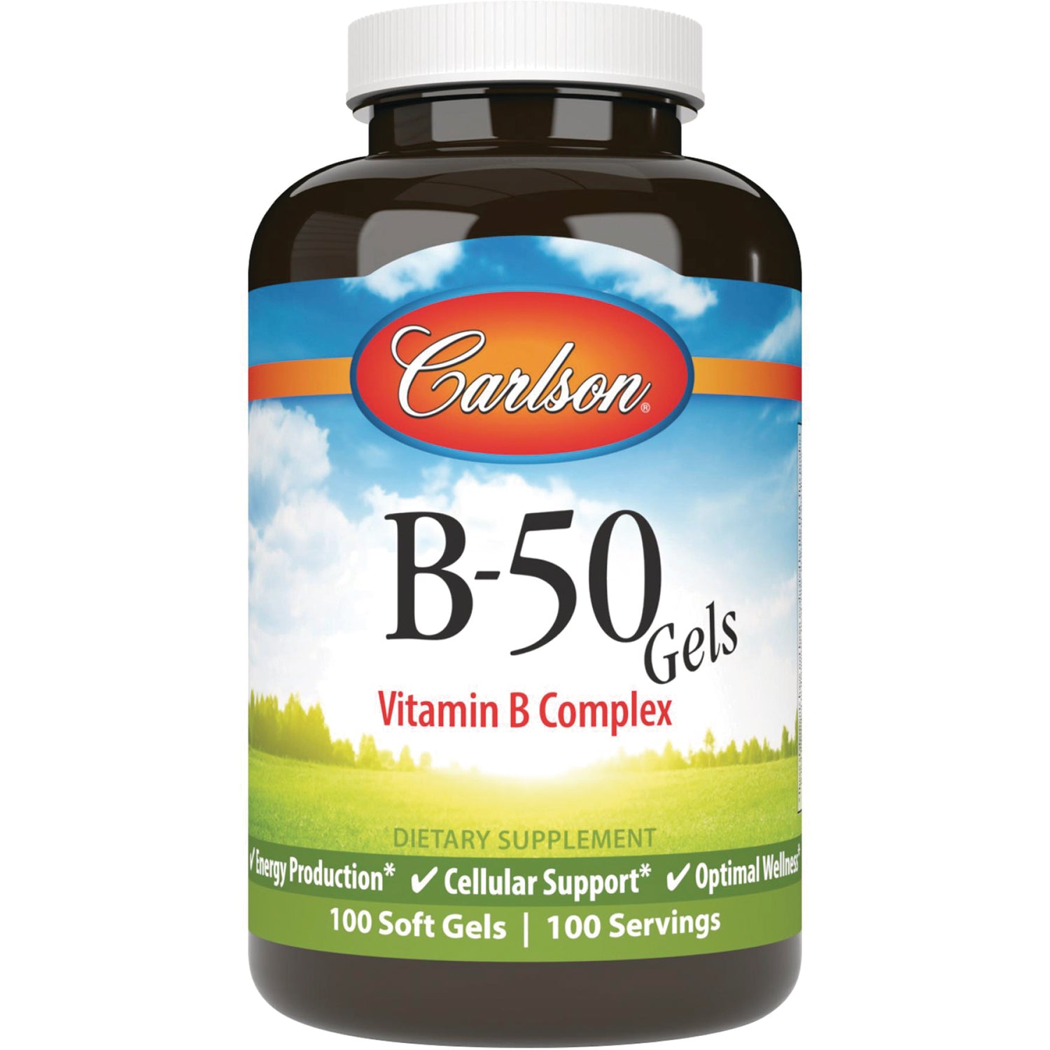 CSN075 | Carlson B-50 Gels Vitamin B Complex bottle showing front label, 100 soft gels