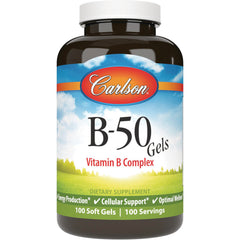 CSN075 | Carlson B-50 Gels Vitamin B Complex bottle showing front label, 100 soft gels