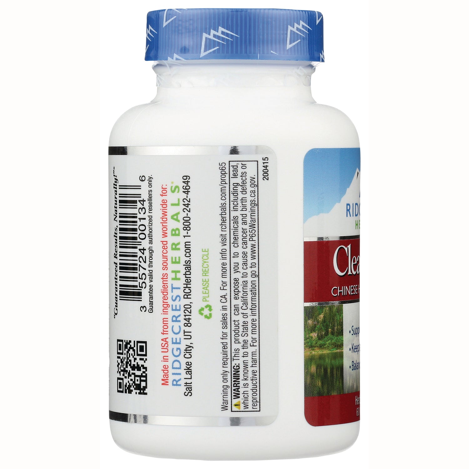 PH055 | bottle side label with barcode, QR code, Ridgecrest Herbals text and recycle symbol
