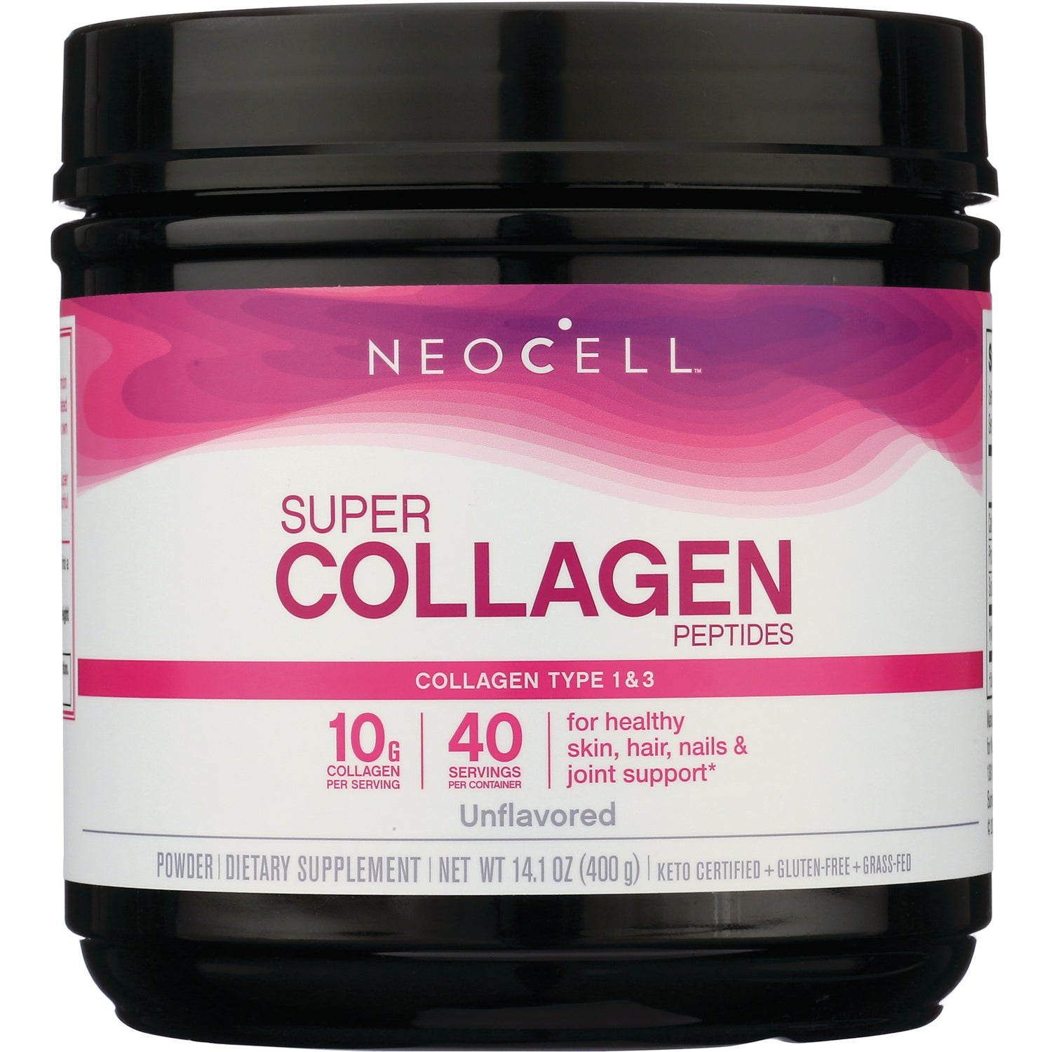 NEC029 | NeoCell Super Collagen Peptides unflavored powder jar, 10 g collagen, 40 servings, collagen type 1 & 3
