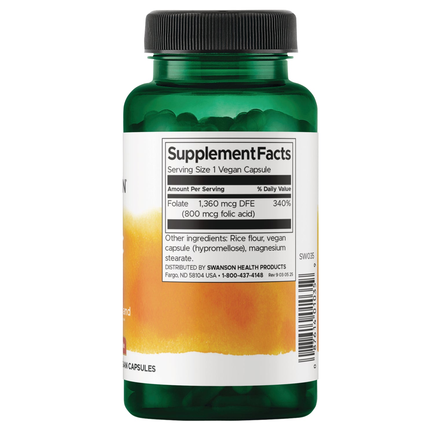 SW035 | Back label with Supplement Facts: Serving Size 1 vegan capsule; Folate 1,360 mcg DFE (800 mcg folic acid)