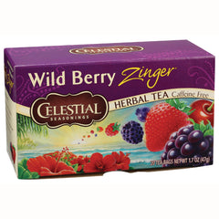 CEL008 | Celestial Seasonings Wild Berry Zinger herbal tea box front with fruit illustration, Caffeine Free, 20 tea bags