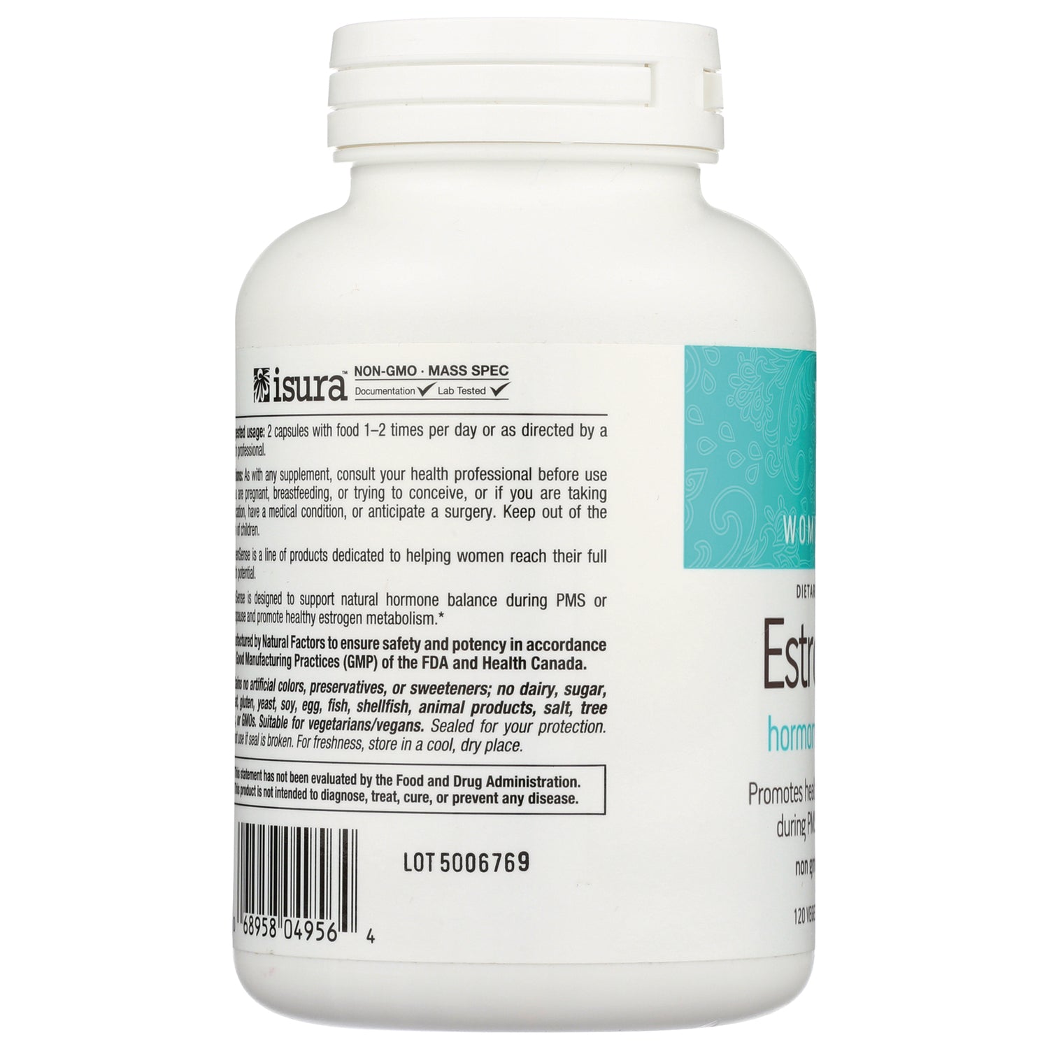 NFC111 | back label of white supplement bottle showing ingredient and usage text, barcode and lot number