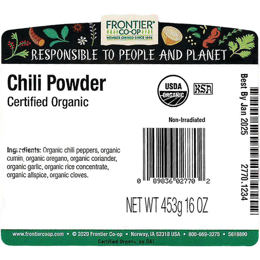 FNP033 | Back label for Frontier Co-op Chili Powder showing ingredients, USDA Organic seal, barcode, and NET WT 453g 16 OZ - Thumbnail