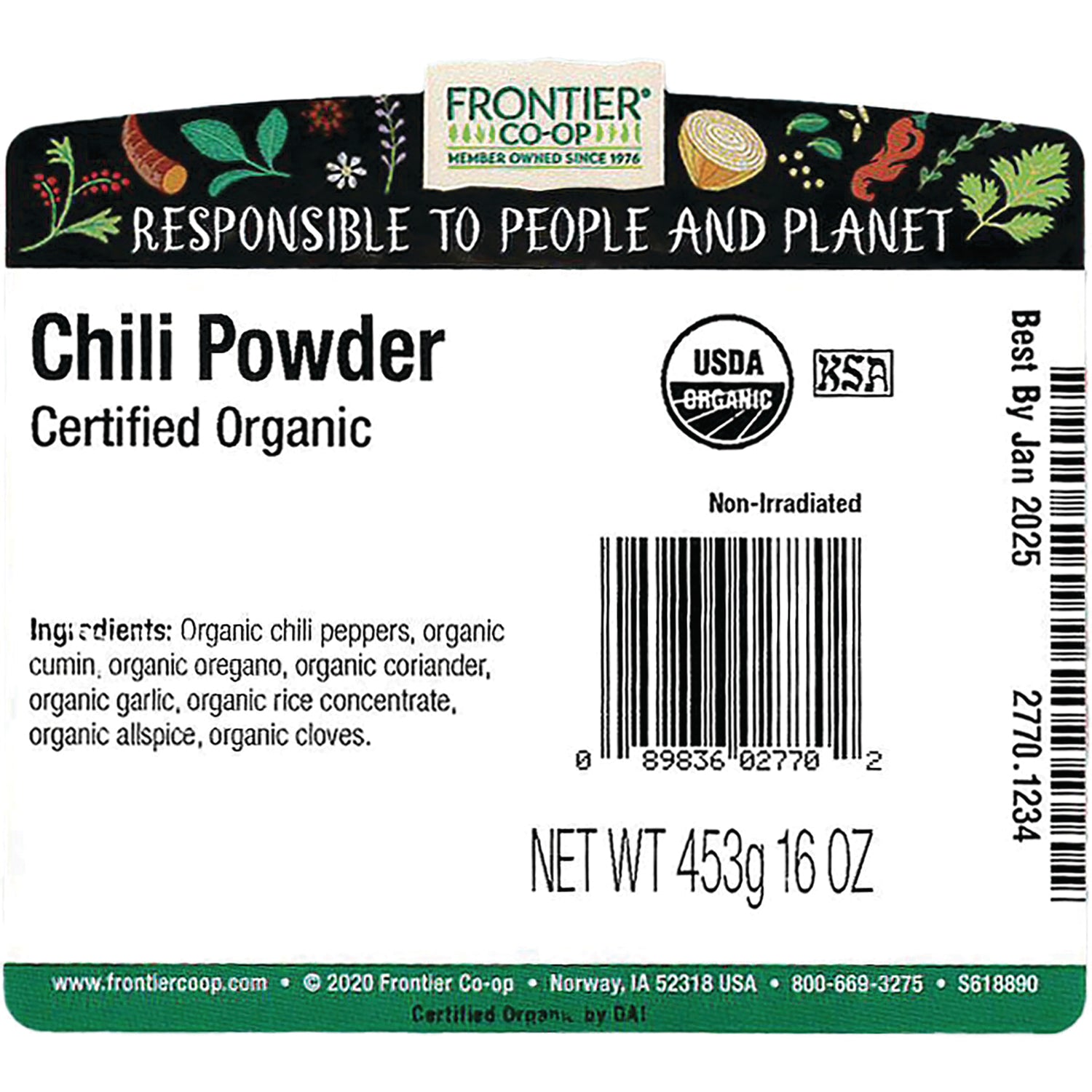 FNP033 | Back label for Frontier Co-op Chili Powder showing ingredients, USDA Organic seal, barcode, and NET WT 453g 16 OZ