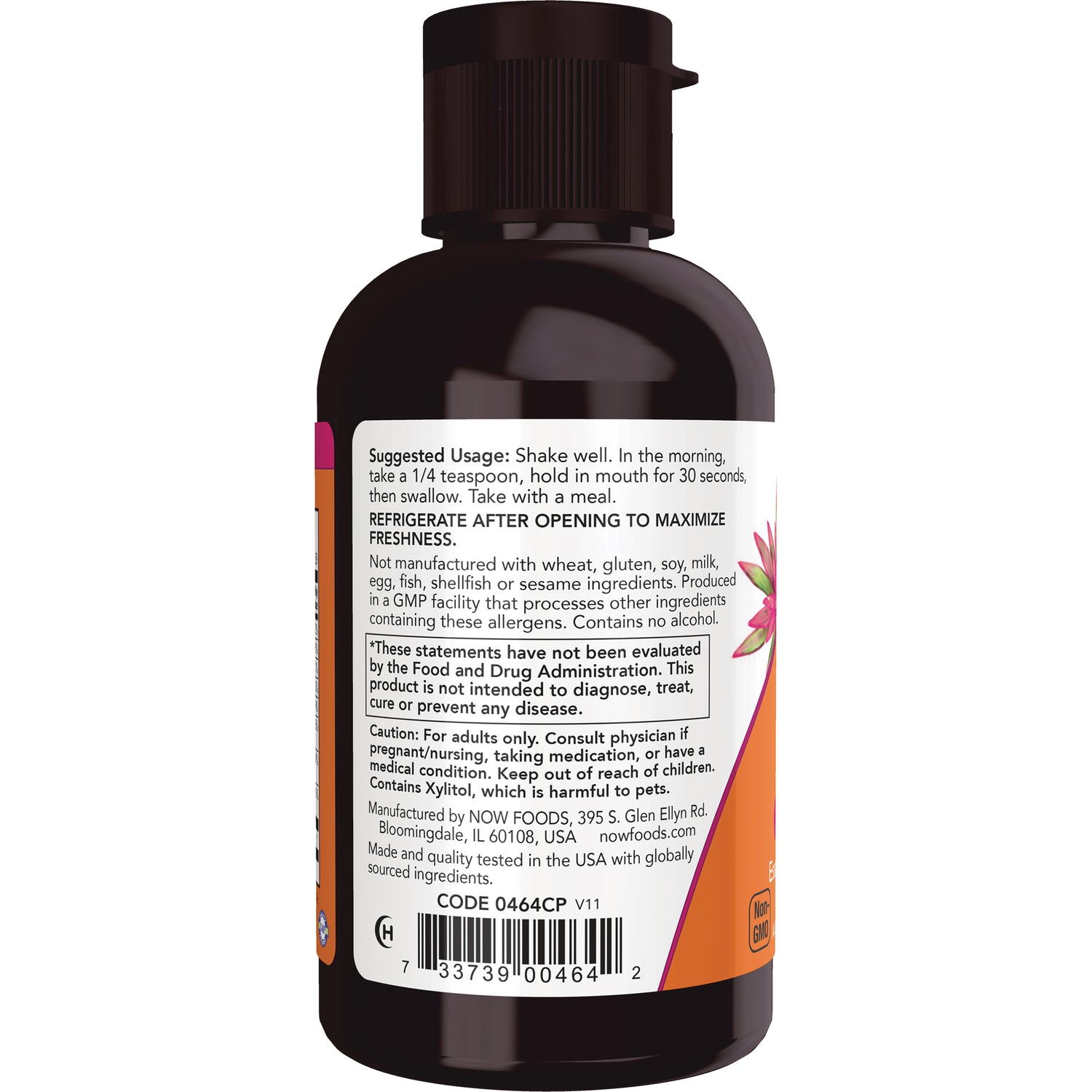 NWF025 | Back label of dark bottle showing suggested usage, warnings, manufacturer information and barcode