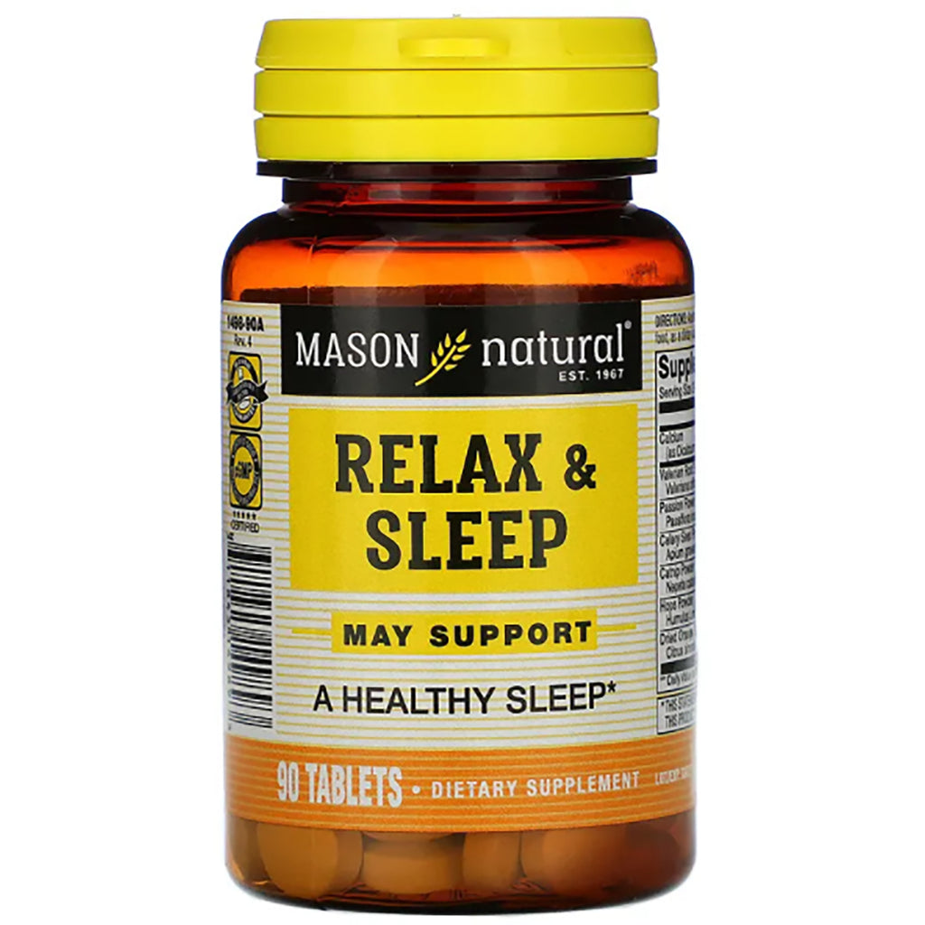 Mason natural Relax & Sleep dietary supplement bottle, yellow label reading RELAX & SLEEP and 90 TABLETS - Thumbnail