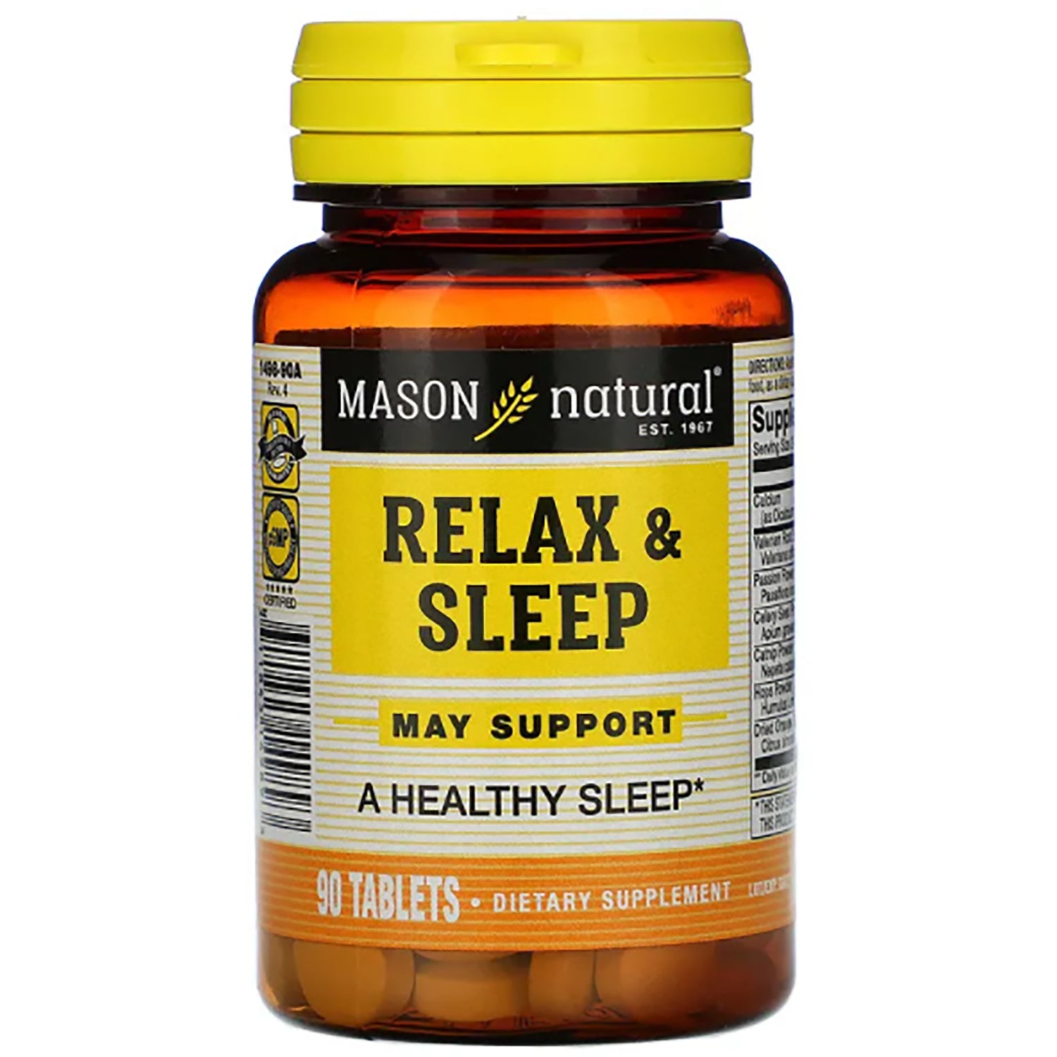 Mason natural Relax & Sleep dietary supplement bottle, yellow label reading RELAX & SLEEP and 90 TABLETS