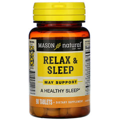 Mason natural Relax & Sleep dietary supplement bottle, yellow label reading RELAX & SLEEP and 90 TABLETS