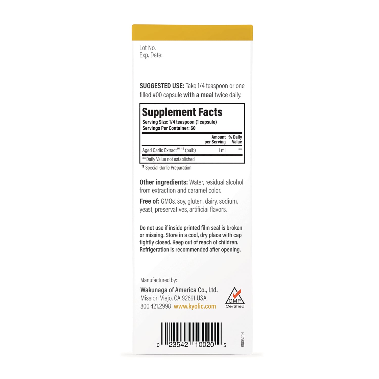 KY144 | Back of supplement box showing Supplement Facts, other ingredients, manufacturer information and barcode