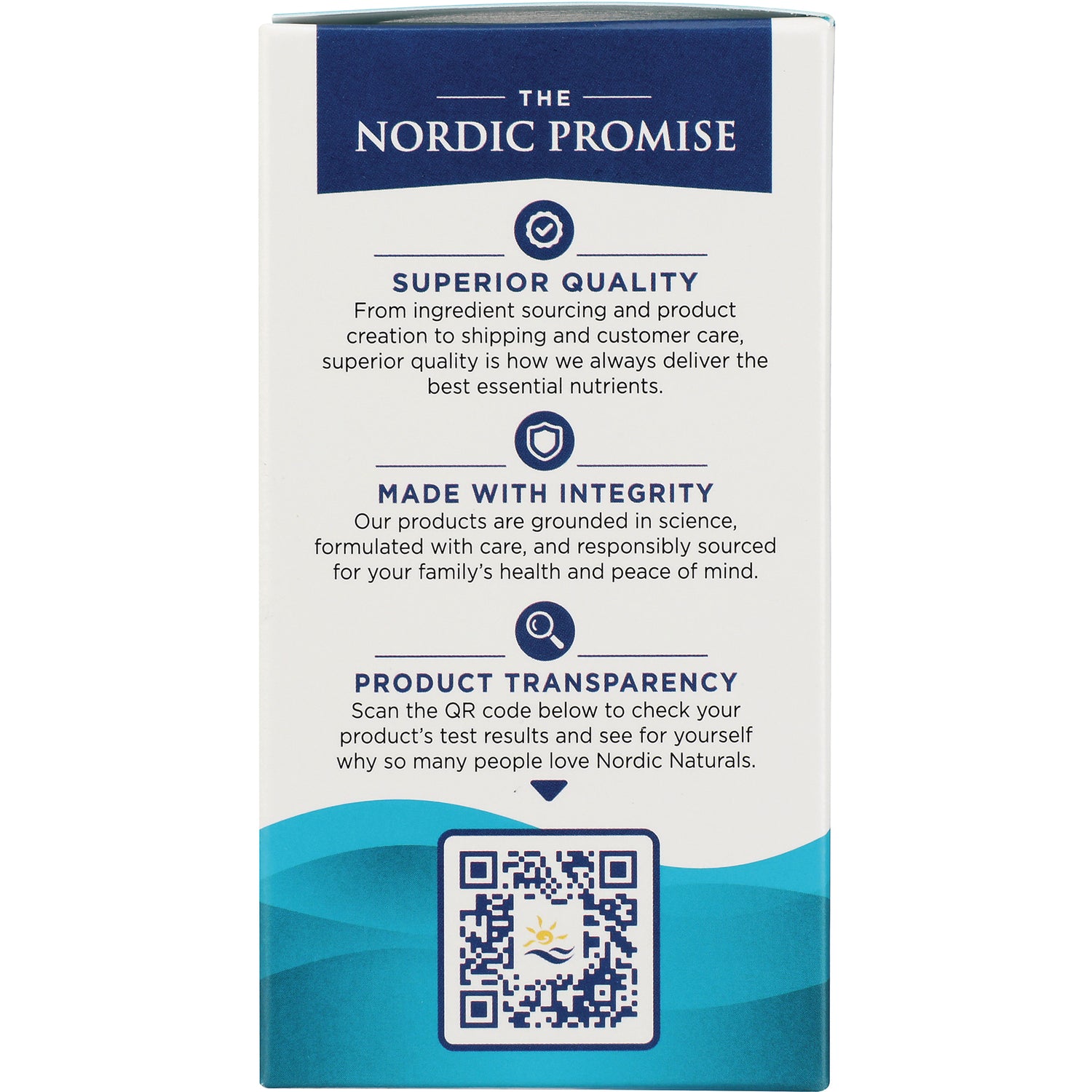 NRN010 | product infographic panel titled THE NORDIC PROMISE with Superior Quality, Made With Integrity, Product Transparency and QR code