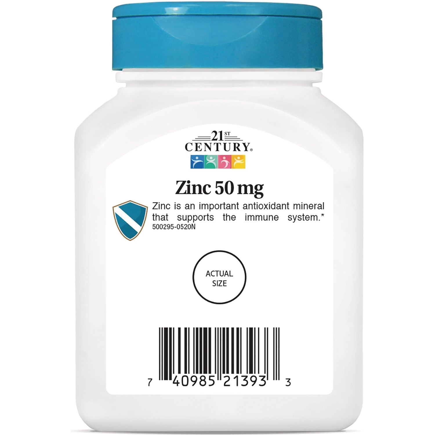 CNT194 | white supplement bottle labeled 21st Century Zinc 50 mg with shield icon, actual size circle and barcode