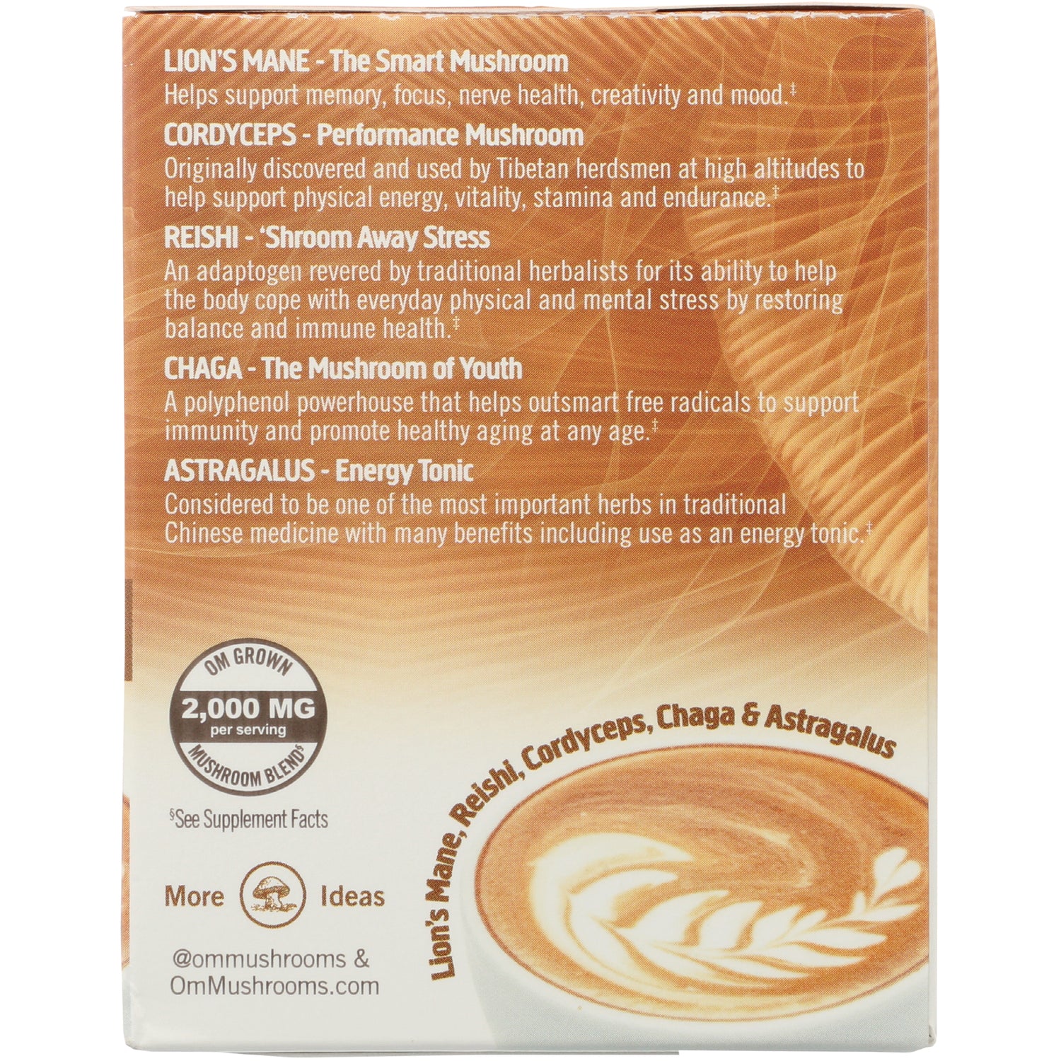 MMX036 | Infographic listing Lion's Mane, Cordyceps, Reishi, Chaga, Astragalus and 2,000 MG per serving with latte art