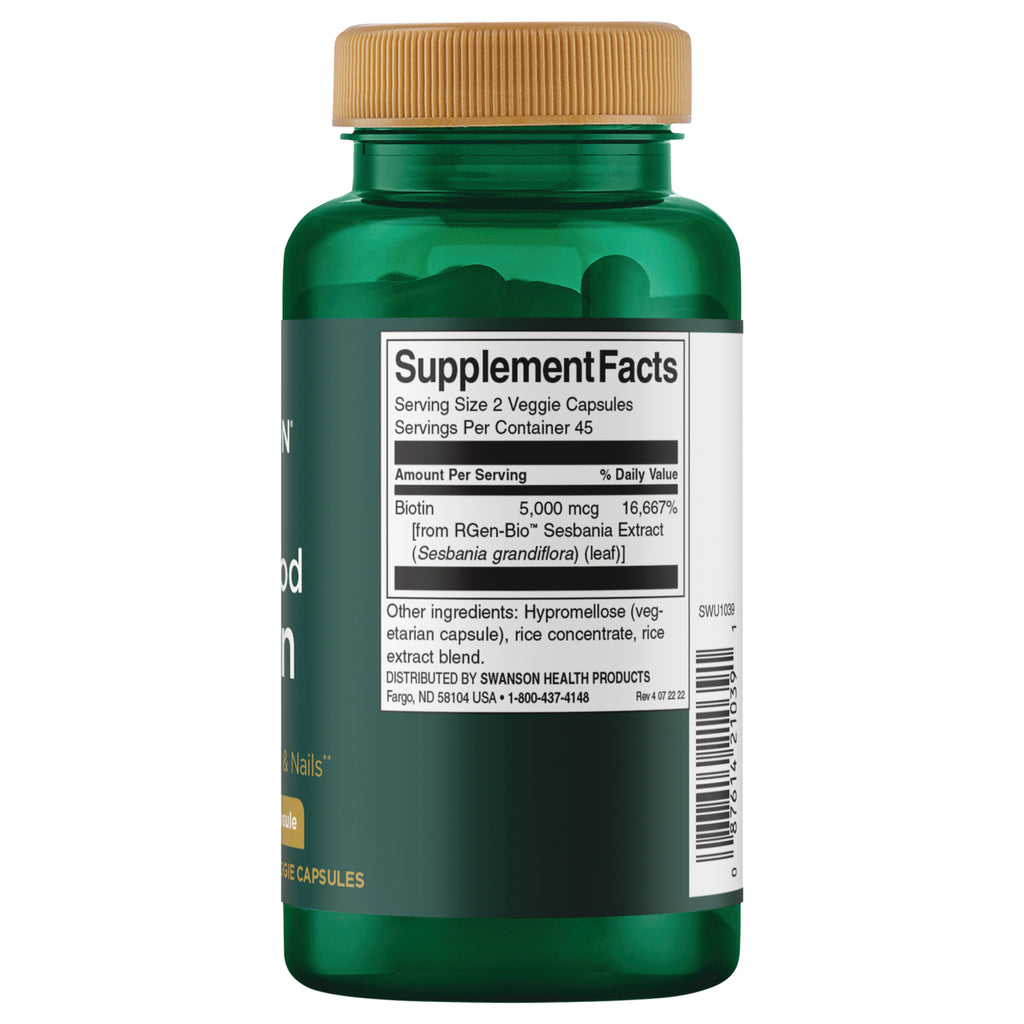 SWU1039 | Supplement Facts panel with biotin 5,000 mcg, serving size 2 veggie capsules, 45 servings - Thumbnail