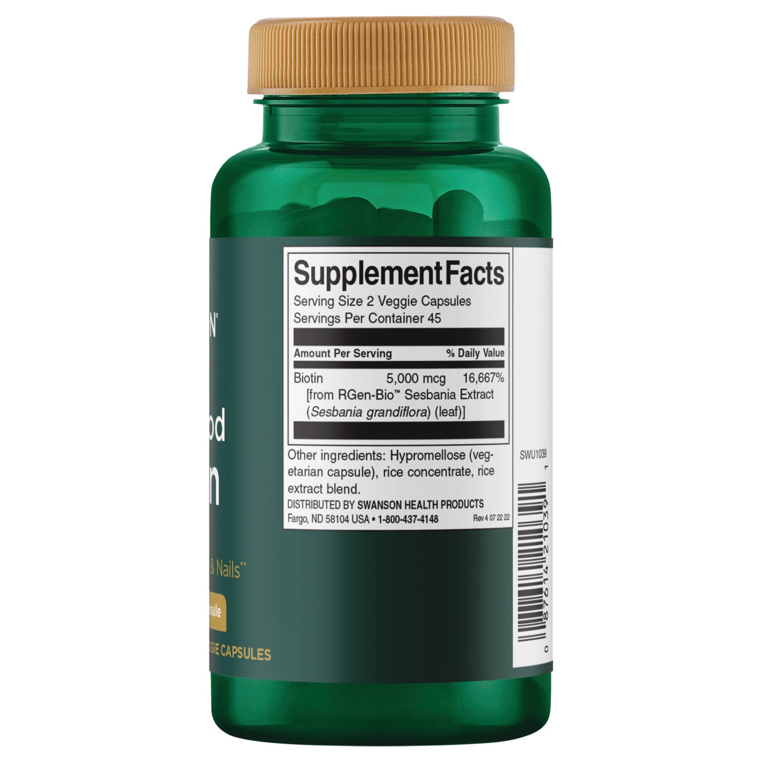 SWU1039 | Supplement Facts panel with biotin 5,000 mcg, serving size 2 veggie capsules, 45 servings