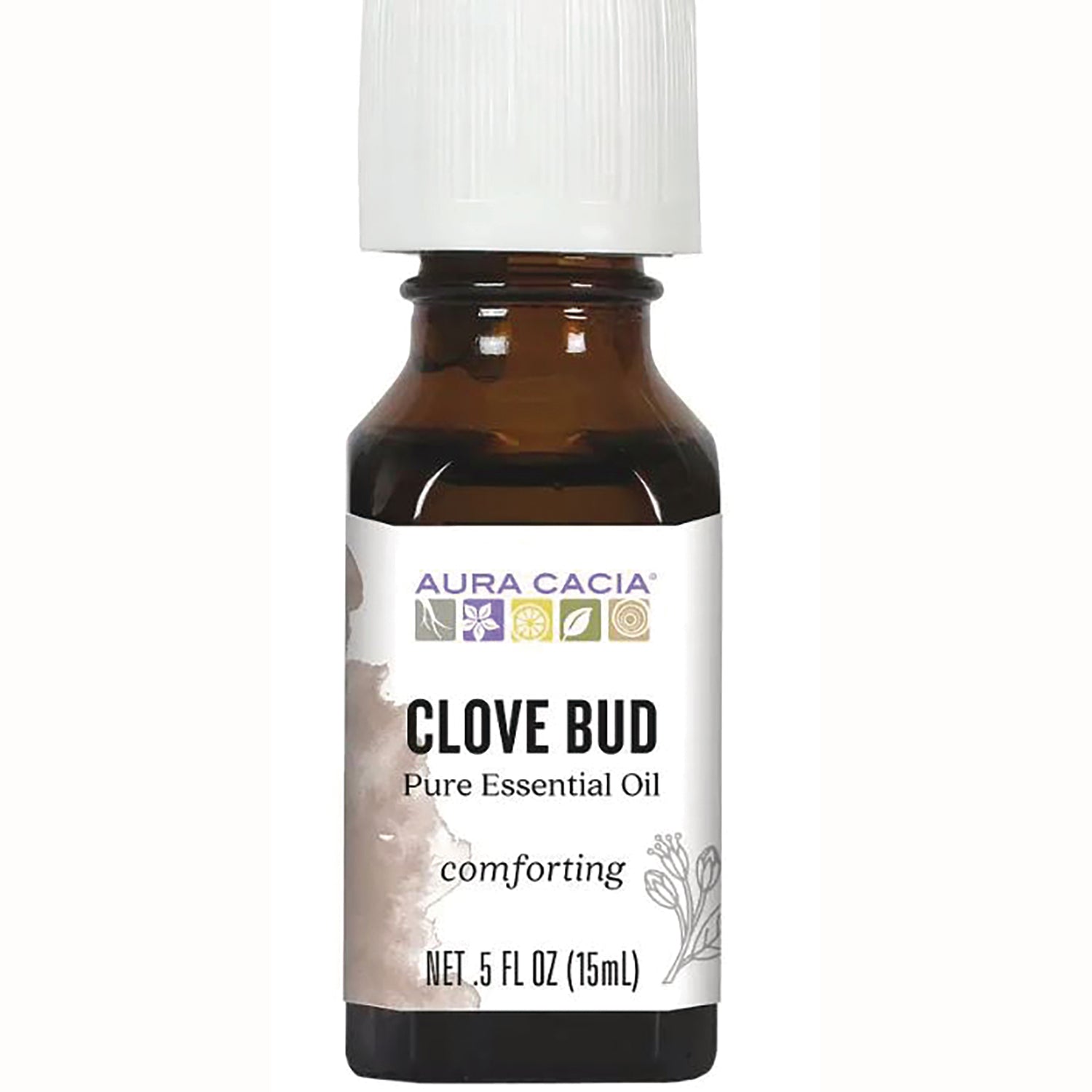 ARC032 | Aura Cacia Clove Bud pure essential oil bottle labeled comforting, 0.5 fl oz (15 mL)