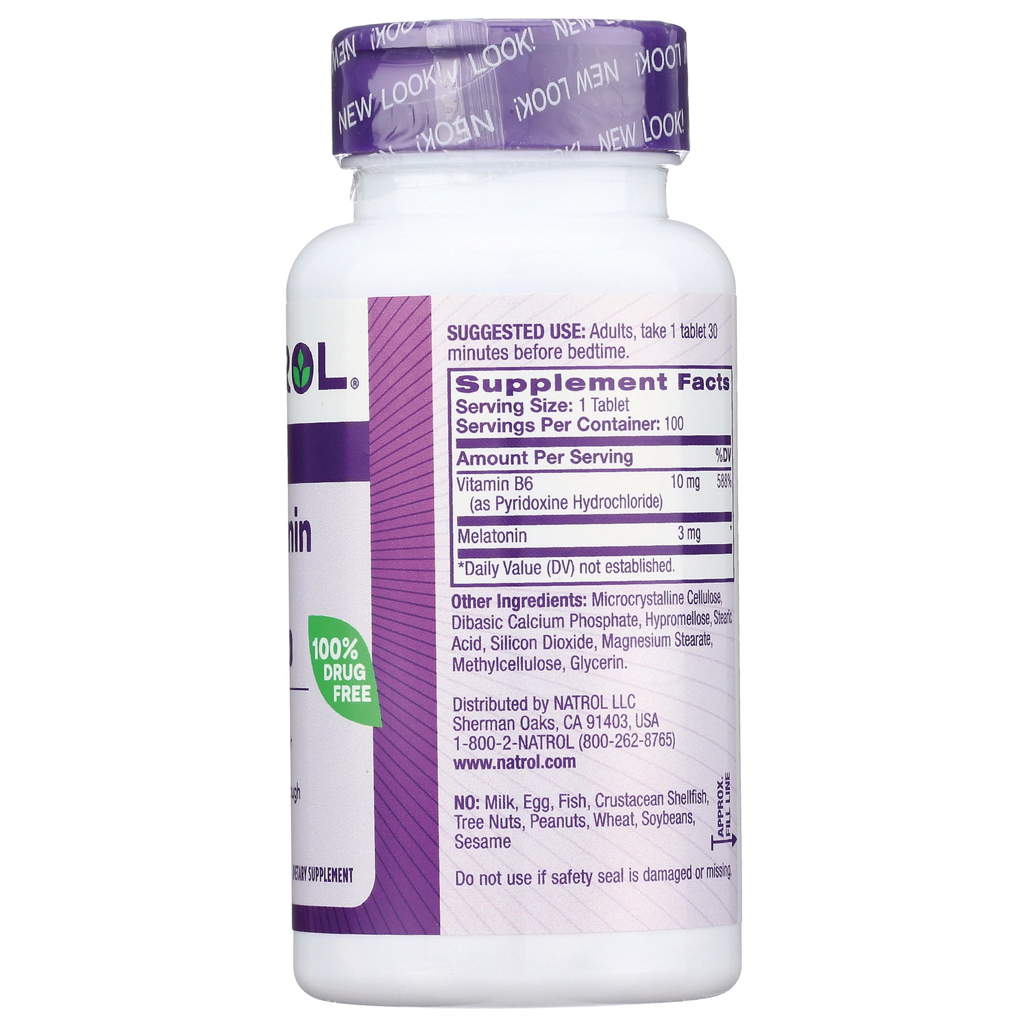 NA440 | back of white supplement bottle showing Supplement Facts panel listing Melatonin 3 mg, Vitamin B6 and other ingredients