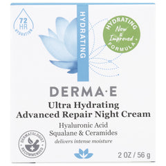 DE036 | Front of DERMAE Ultra Hydrating Advanced Repair Night Cream box showing product name, hyaluronic acid, squalane & ceramides, 2 OZ