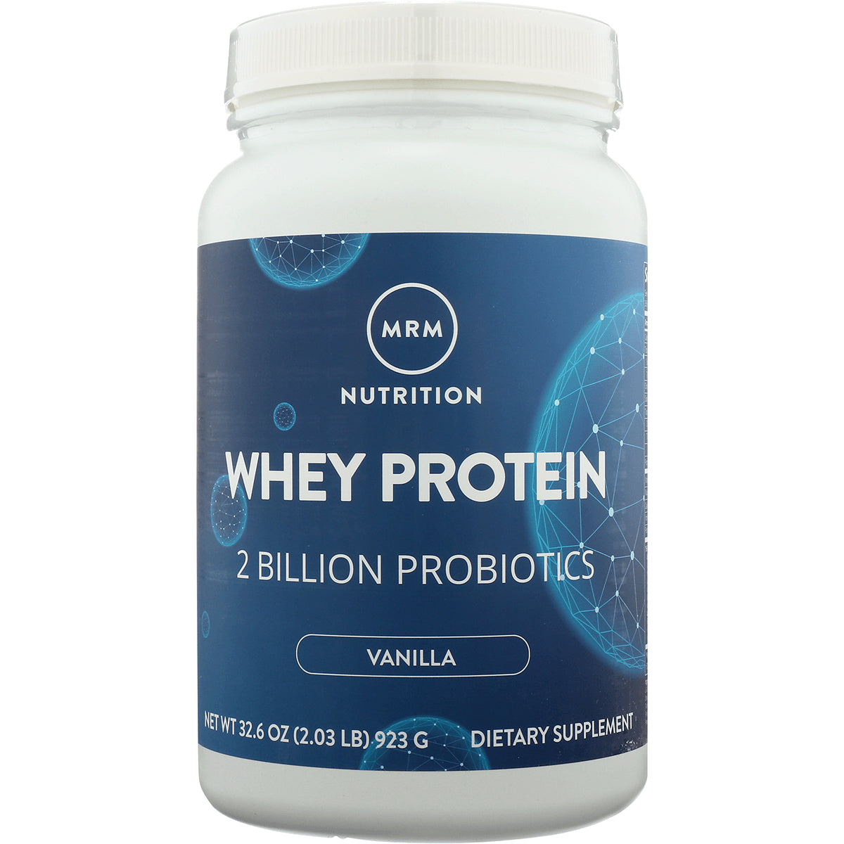 MRM004 | white tub of MRM Nutrition Whey Protein vanilla labeled 2 billion probiotics