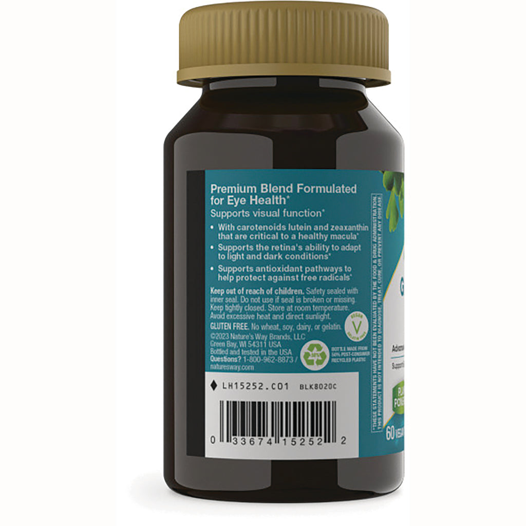 NW681 | Back of brown supplement bottle showing teal label Premium Blend Formulated for Eye Health, barcode and ingredient text - Thumbnail