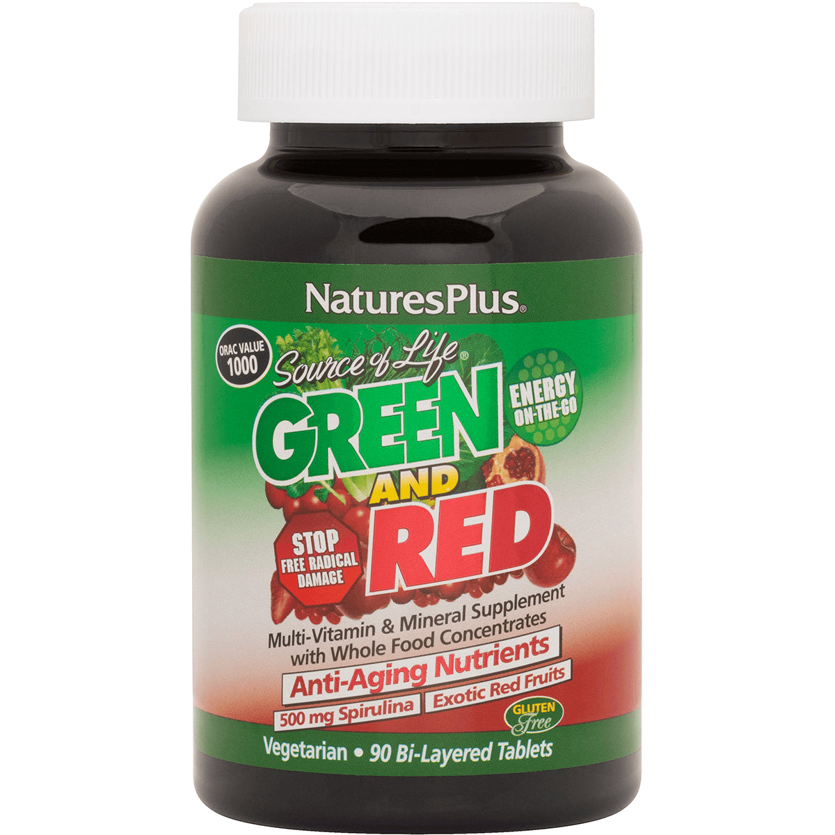 NTP203 | NaturesPlus Green and Red multi-vitamin and mineral supplement bottle, 90 bi-layered tablets