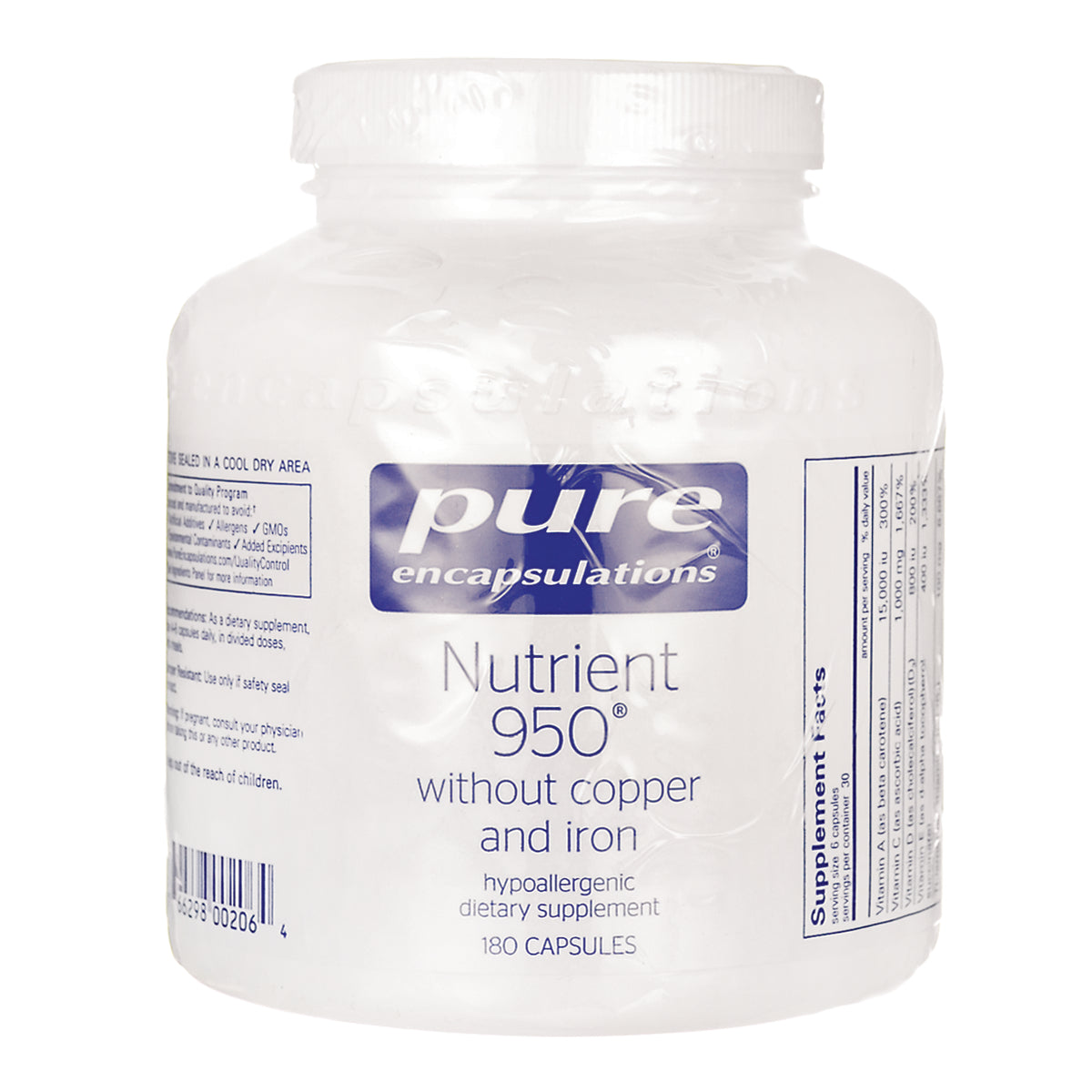 PRN111 | Pure Encapsulations Nutrient 950 supplement bottle front label stating without copper and iron, 180 capsules
