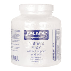 PRN111 | Pure Encapsulations Nutrient 950 supplement bottle front label stating without copper and iron, 180 capsules