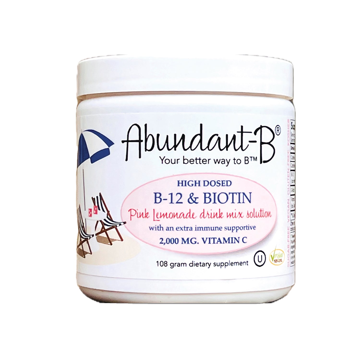 SFF004 | Abundant-B B-12 & Biotin pink lemonade drink mix jar labeled 2,000 mg vitamin C