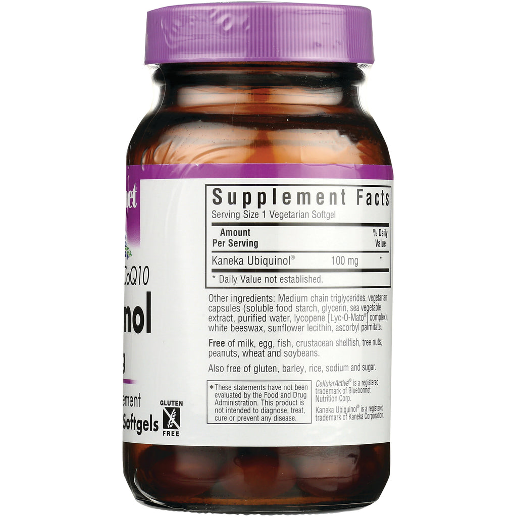 BLU063 | Back label showing Supplement Facts panel listing Kaneka Ubiquinol 100 mg, ingredient list and gluten free icon - Thumbnail