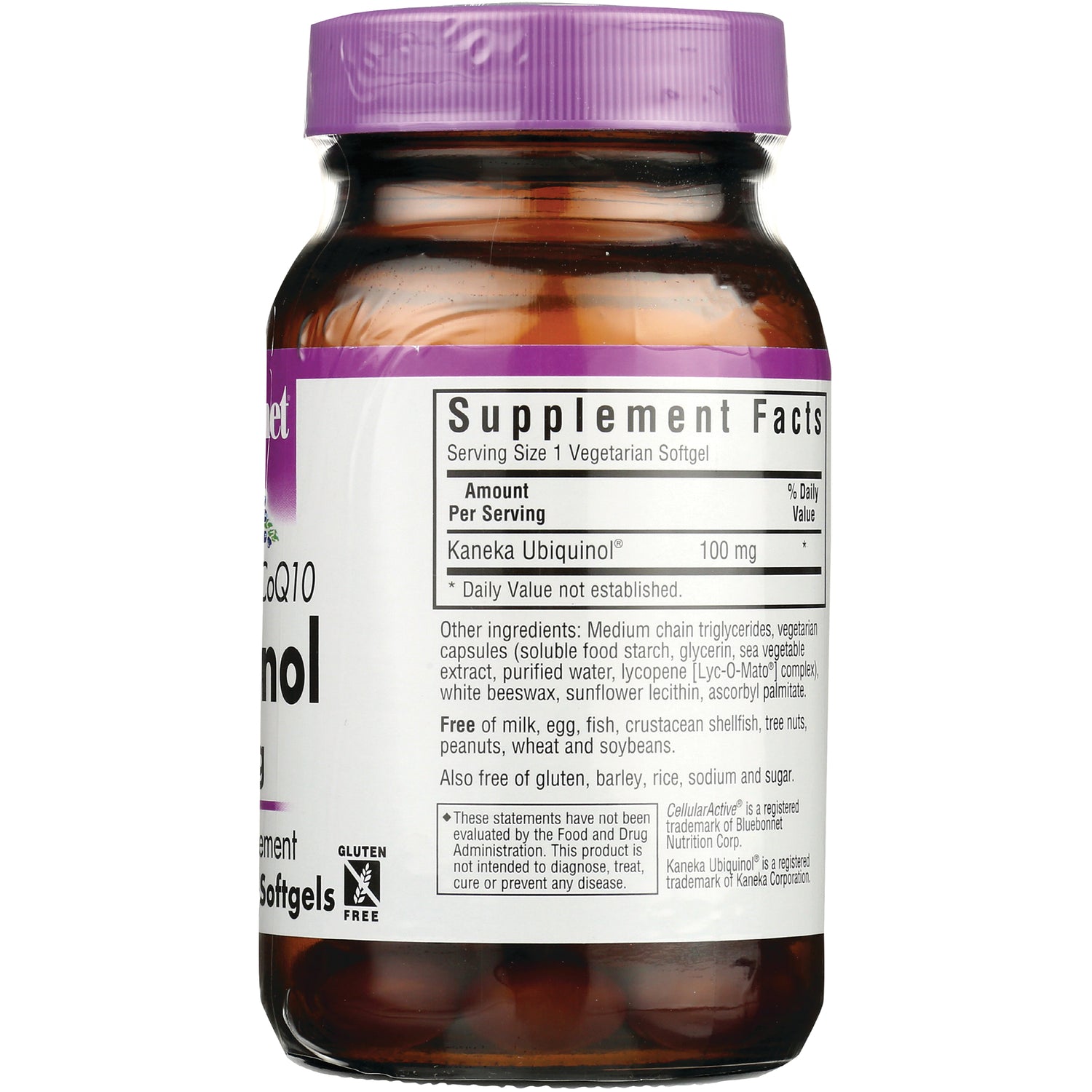 BLU063 | Back label showing Supplement Facts panel listing Kaneka Ubiquinol 100 mg, ingredient list and gluten free icon