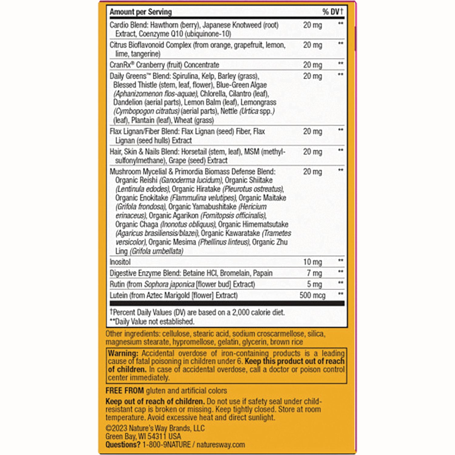 NW711 | back label showing supplement facts, ingredient list, and warning box on yellow background
