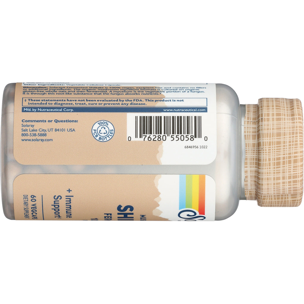 SLR466 | Solaray Fermented Shiitake supplement bottle back label with barcode and FDA disclaimer - Thumbnail