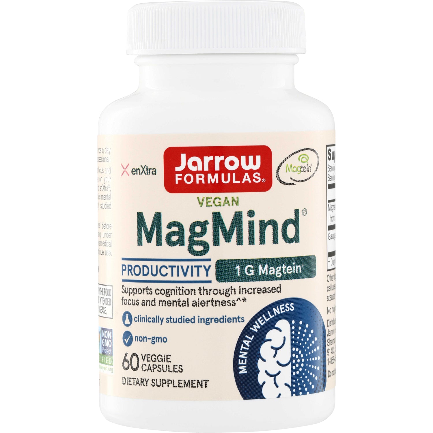 JR369 | Jarrow Formulas Vegan MagMind Productivity, 1 g Magtein, 60 veggie capsules dietary supplement bottle