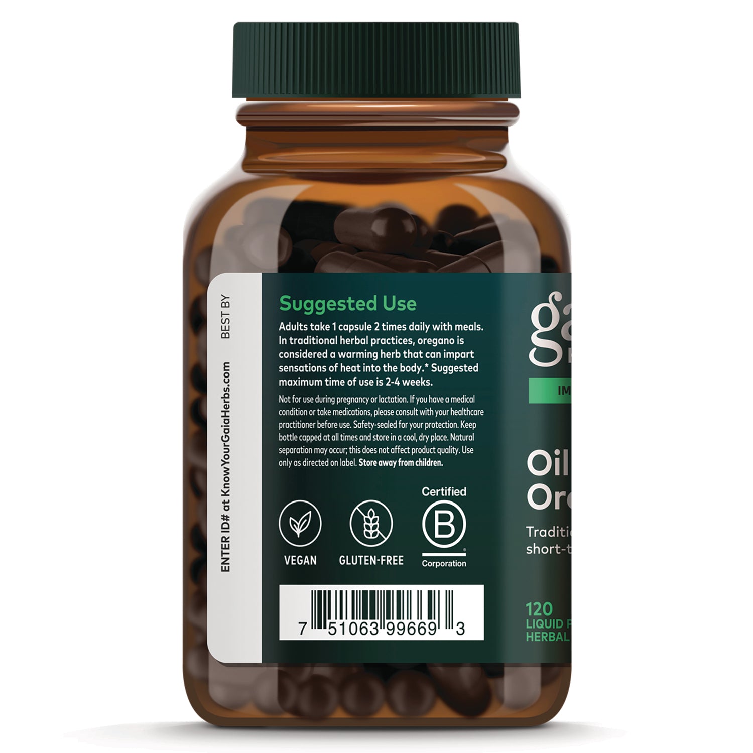 GH167 | back label of amber supplement bottle showing suggested use text, vegan and gluten-free icons, B Corp badge and barcode