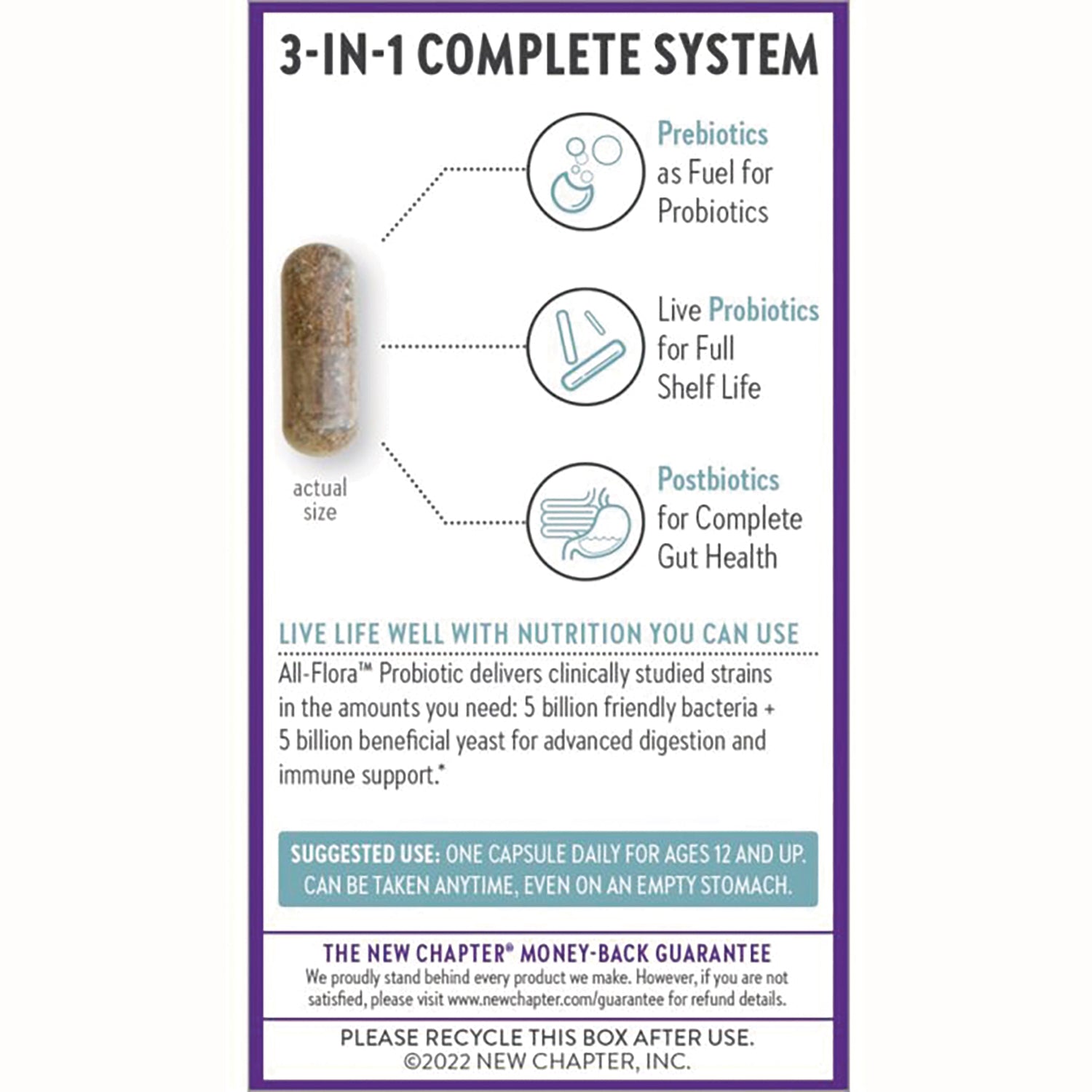 NWC312 | back panel showing actual-size capsule and infographic for prebiotics, live probiotics, postbiotics with suggested use text