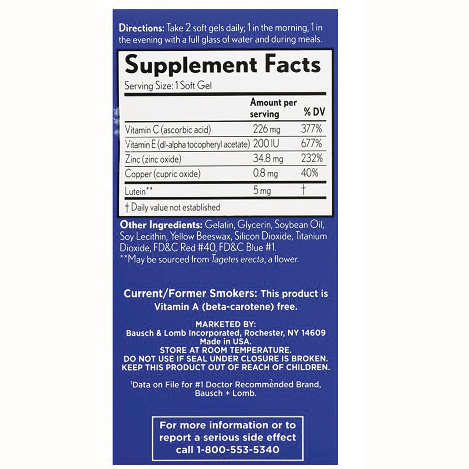 BNL023 | back label showing Supplement Facts table with vitamin amounts, other ingredients, warnings, and 1-800-553-5340