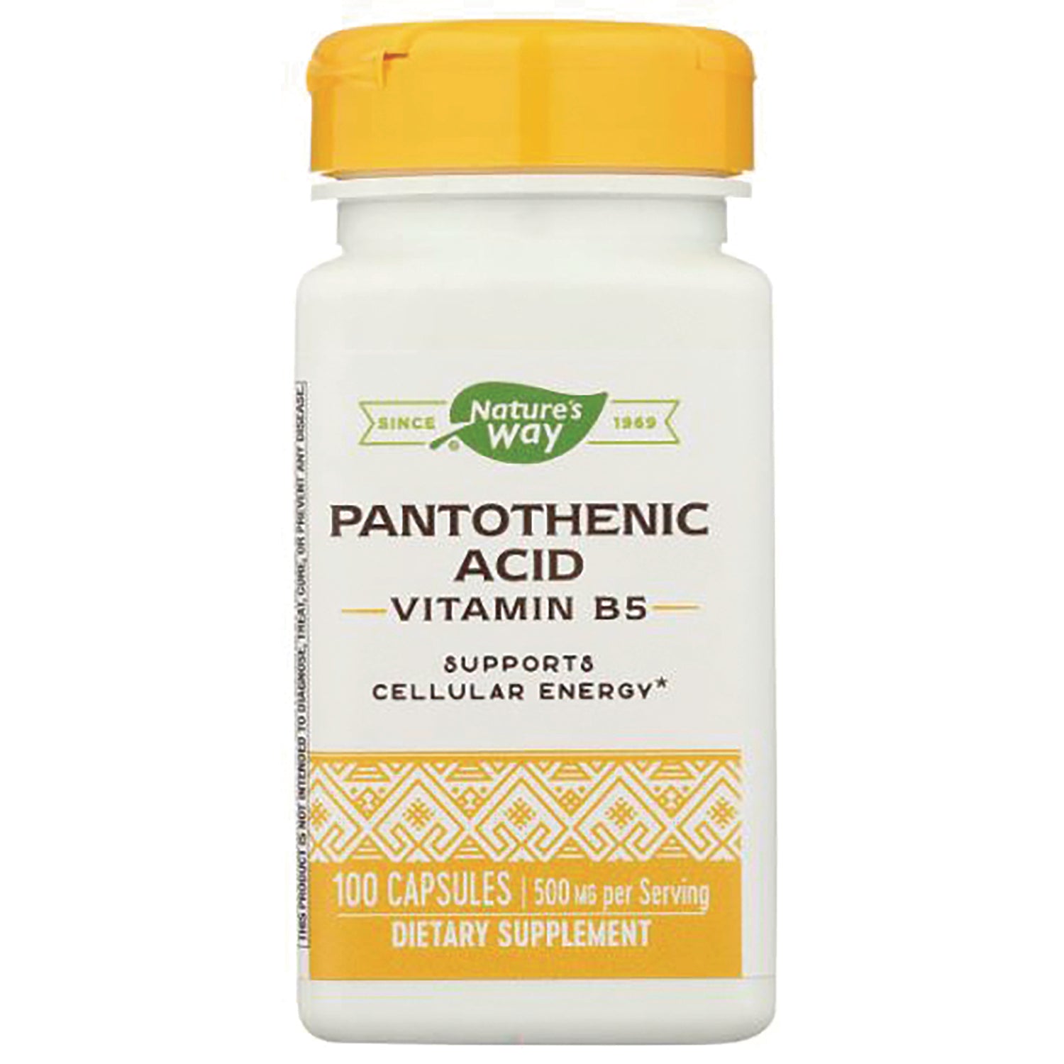 NW941 | Nature's Way Pantothenic Acid (Vitamin B5) white bottle with yellow cap, 100 capsules 500 mg dietary supplement