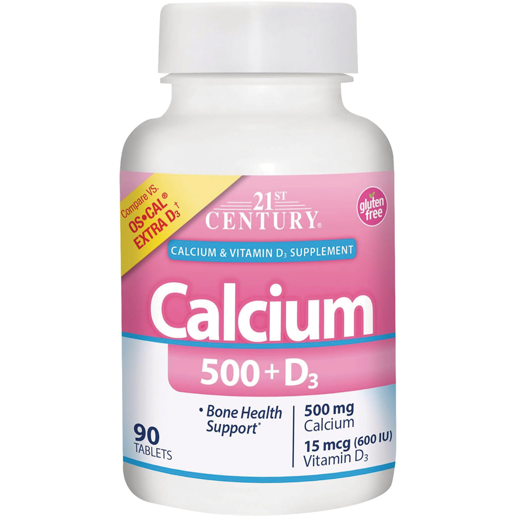 CNT256 | white bottle of 21st Century Calcium 500 + D3 supplement with pink label showing 90 tablets and 500 mg calcium - Thumbnail