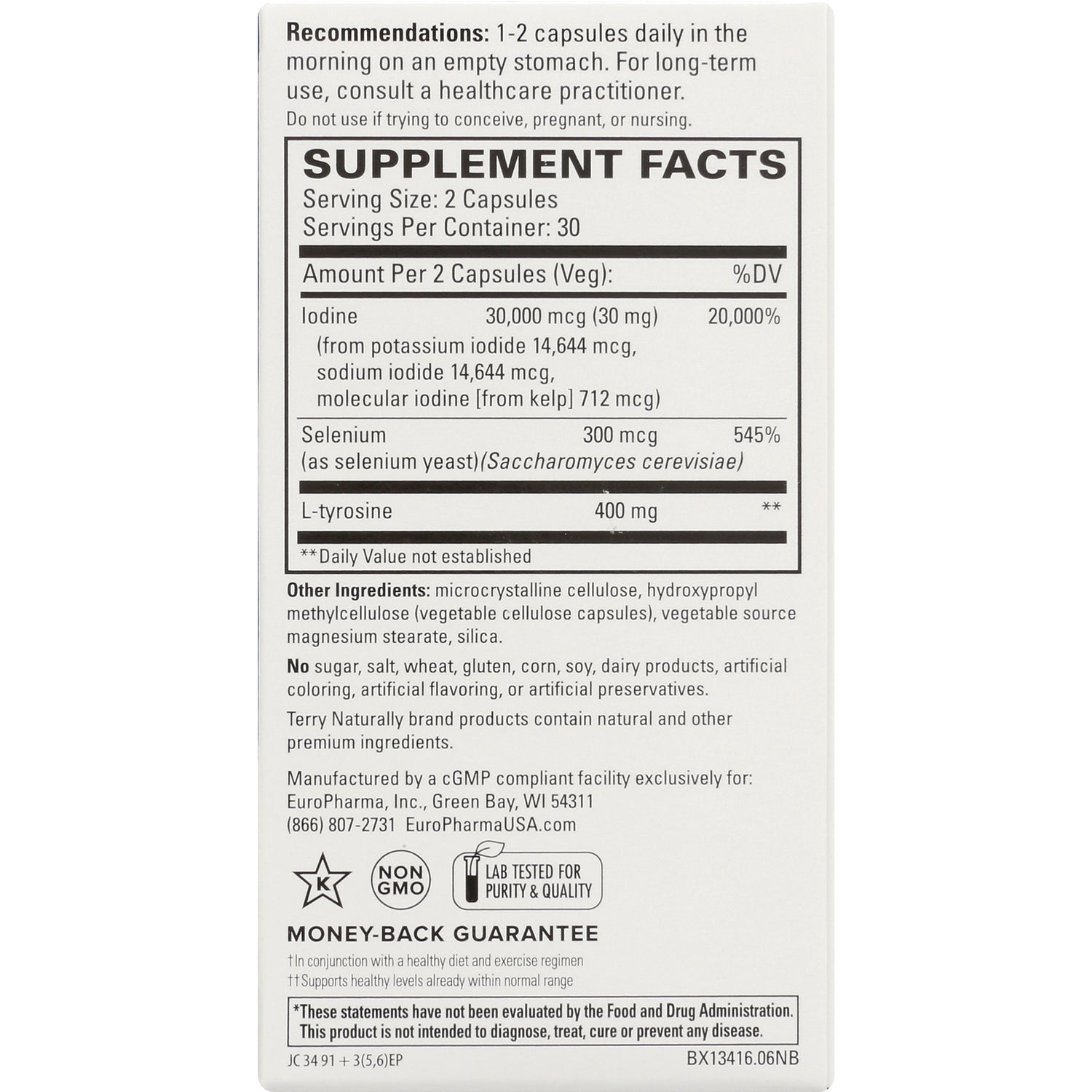 EUR059 | back of supplement box showing SUPPLEMENT FACTS label, serving size 2 capsules, ingredients and money-back guarantee