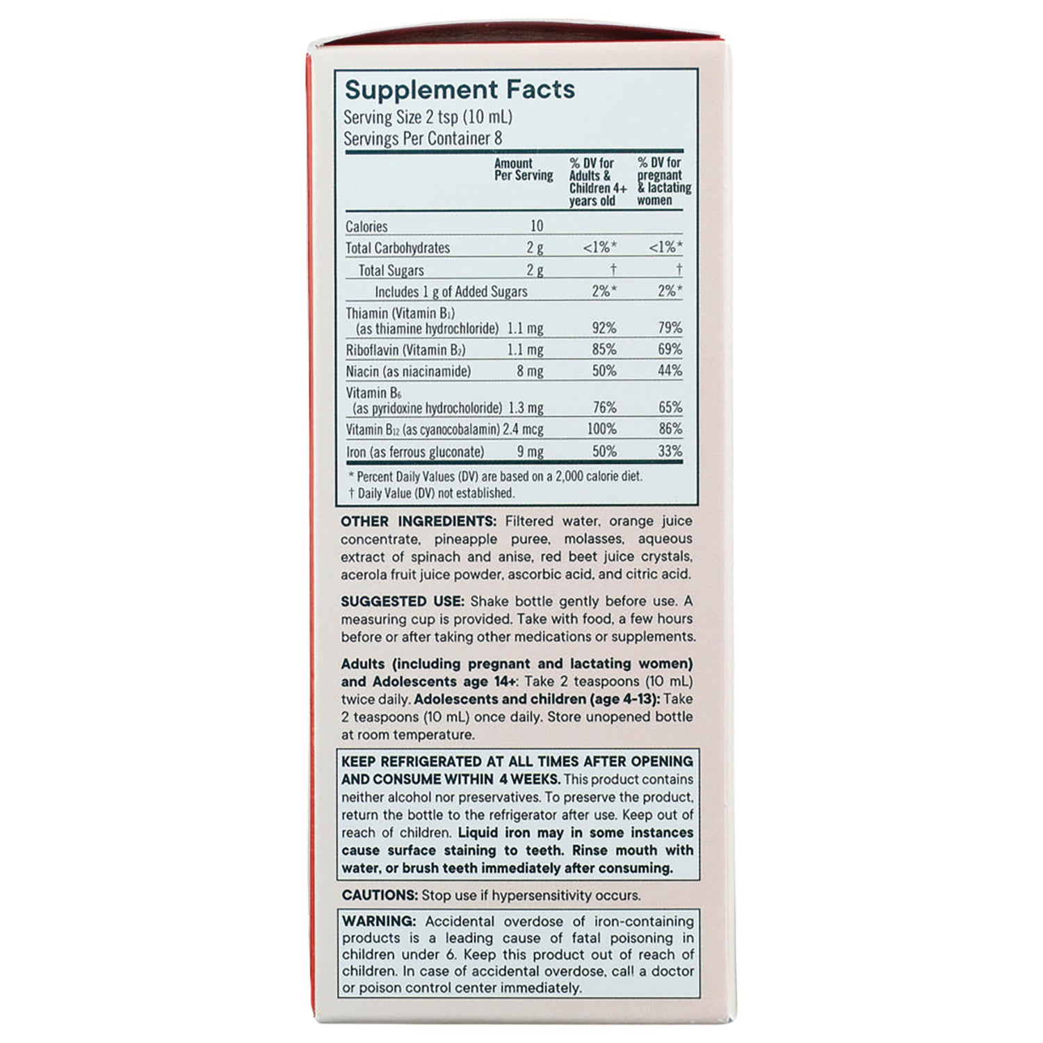 FL109 | back panel showing Supplement Facts table, ingredients, suggested use, warnings and storage instructions