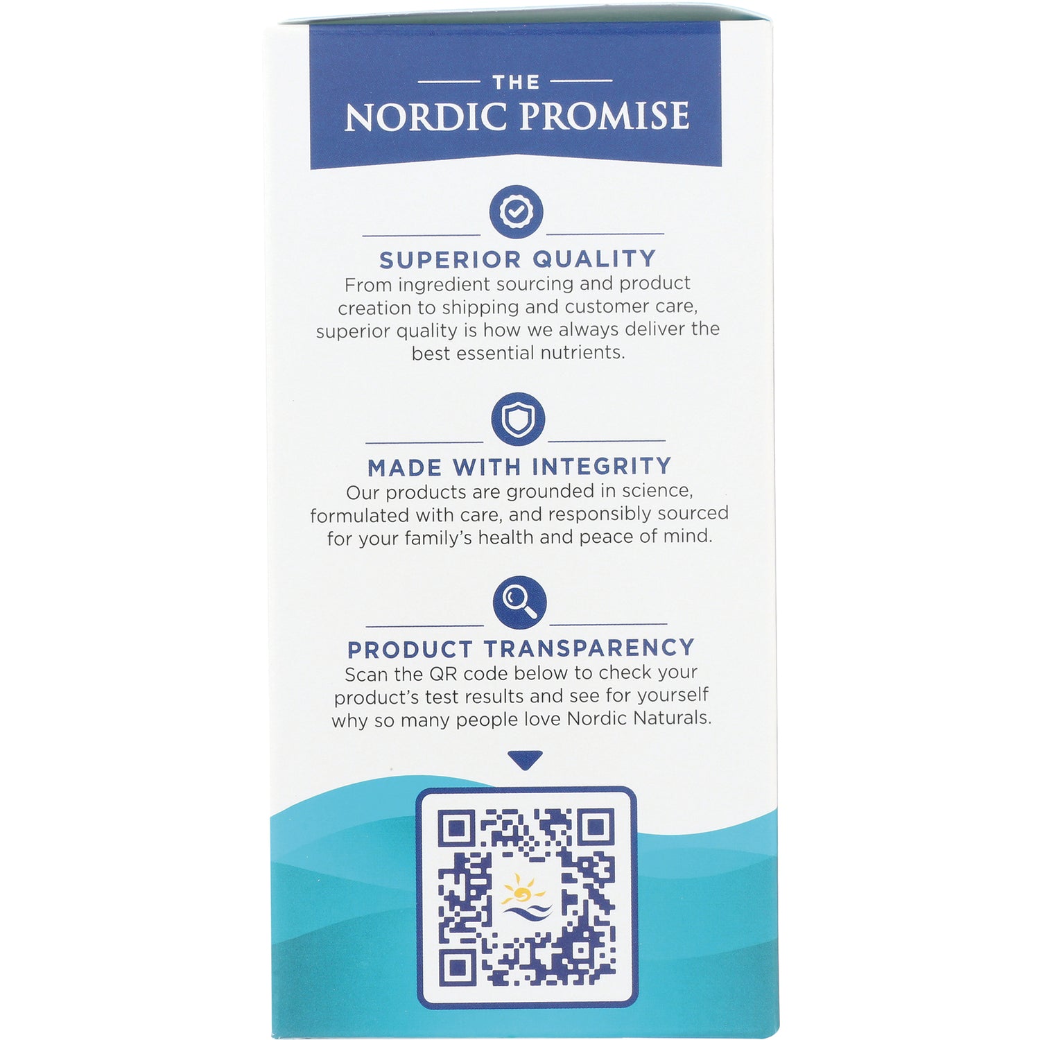 NRN008 | box side labeled THE NORDIC PROMISE with sections Superior Quality, Made With Integrity, Product Transparency and a QR code