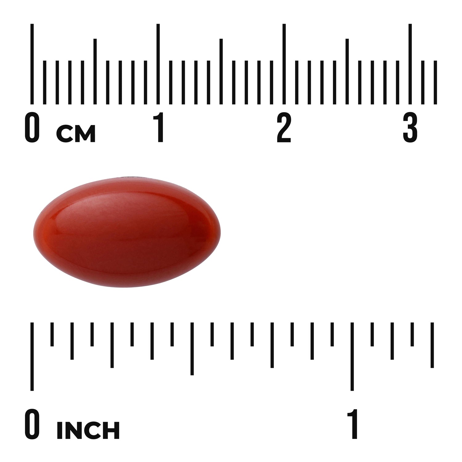 SWU1014 | Red oval softgel shown next to centimeter and inch rulers for size reference