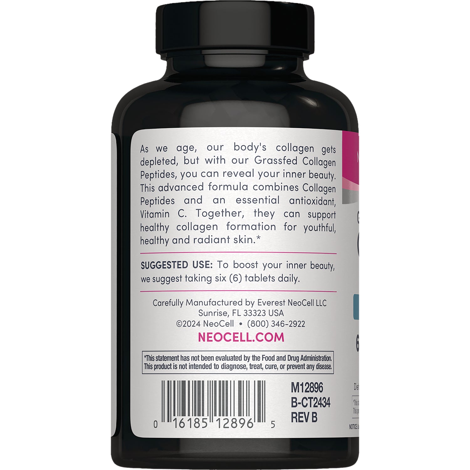 NEC042 | Back label of collagen supplement bottle showing suggested use, manufacturer details and barcode