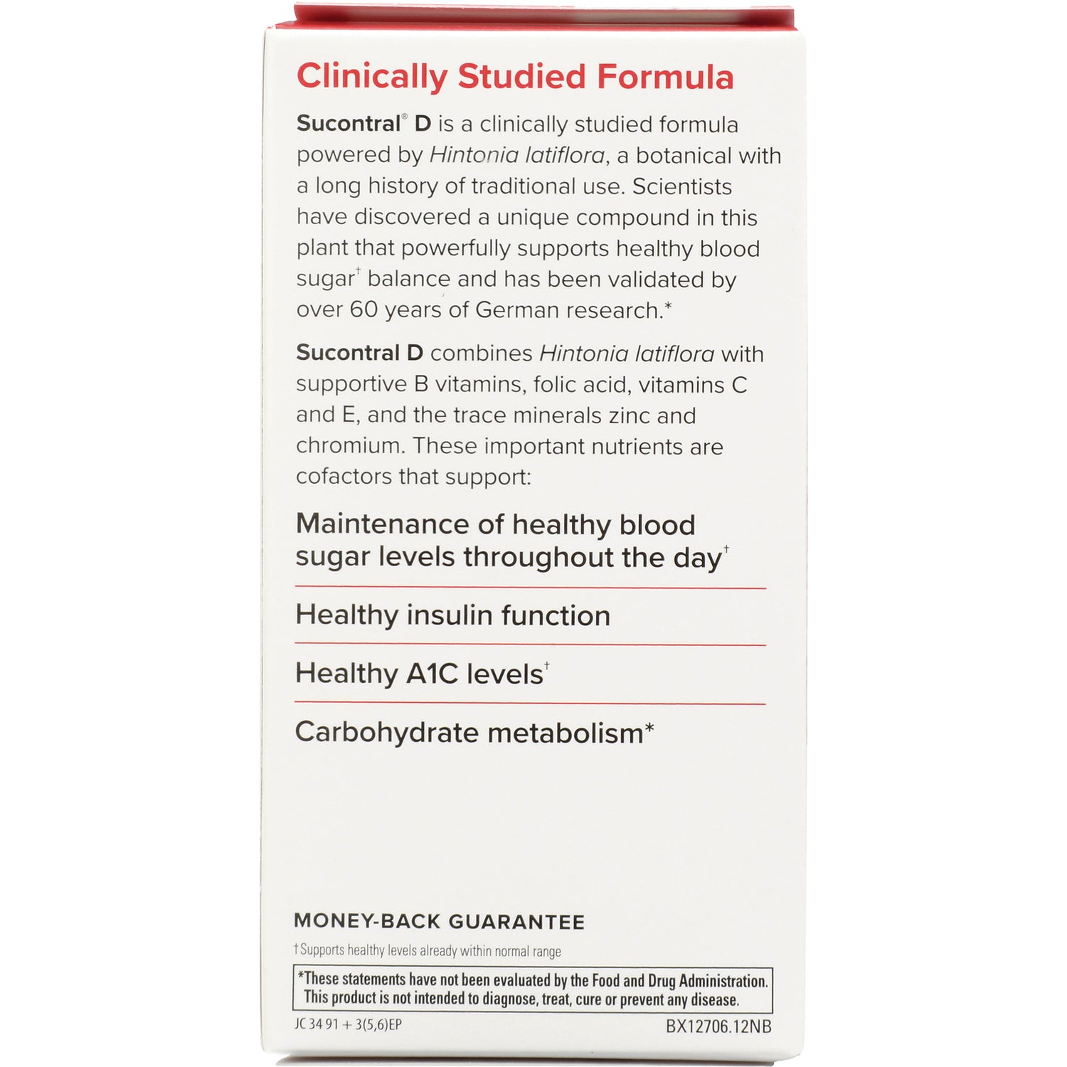 EUR049 | back of supplement box listing clinically studied formula and benefits: healthy blood sugar, insulin function, A1C, carbohydrate metabolism