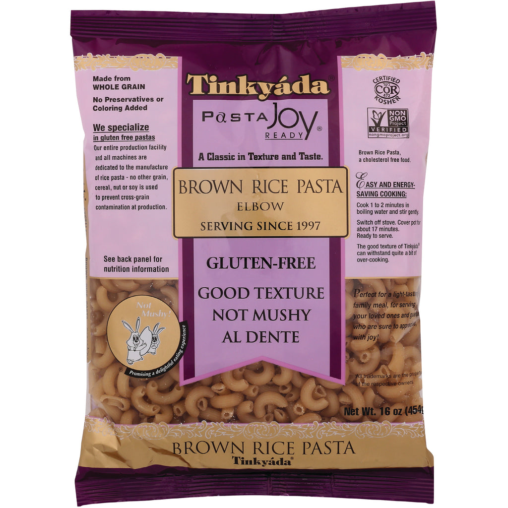 TKY004 | Tinkyada Brown Rice Pasta Elbow, gluten-free, front of 16 oz bag - Thumbnail