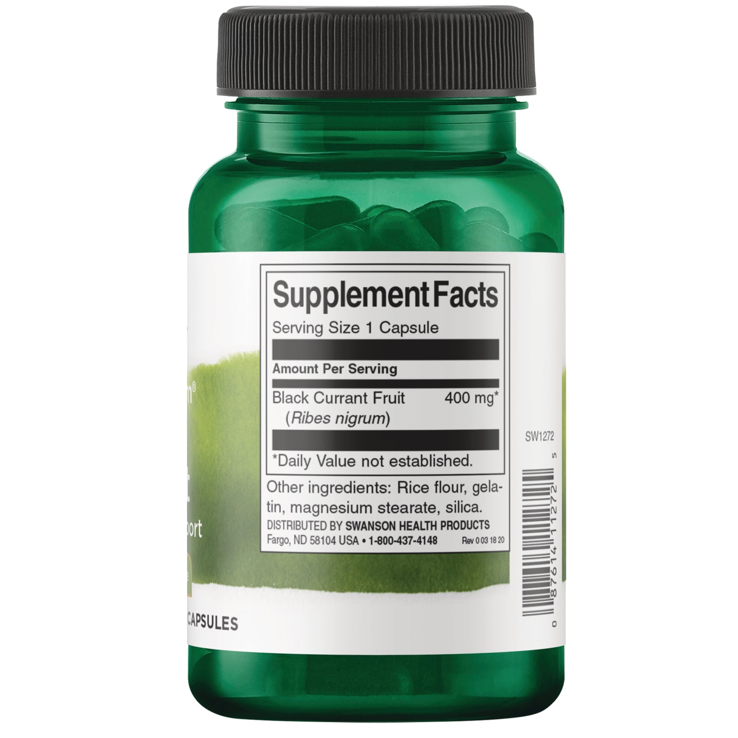 SW1272 | Back label with Supplement Facts: Black Currant Fruit 400 mg, serving size 1 capsule