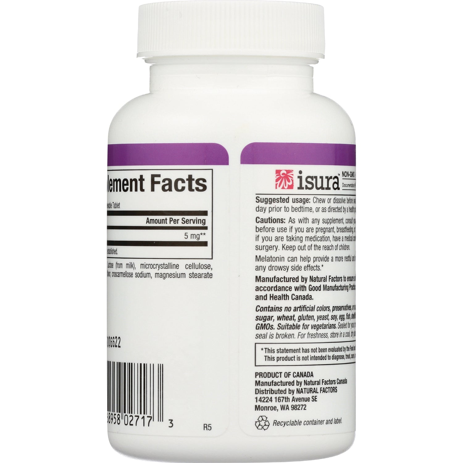 NFC113 | back of white supplement bottle showing supplement facts panel, usage text and barcode