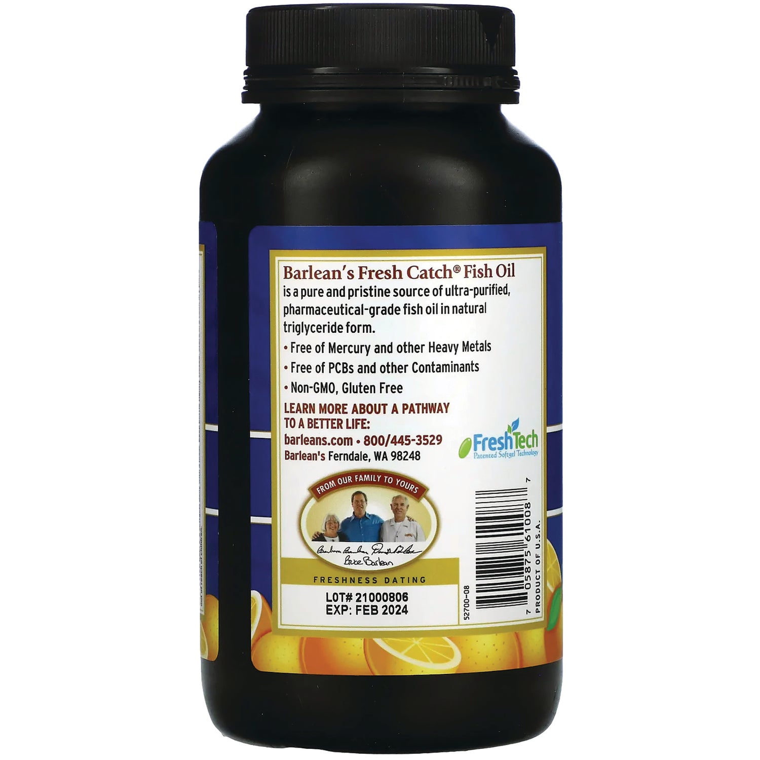 Back label of Barlean's Fresh Catch fish oil bottle showing product claims, LOT# 21000806 EXP: FEB 2024, barcode and lemon graphics