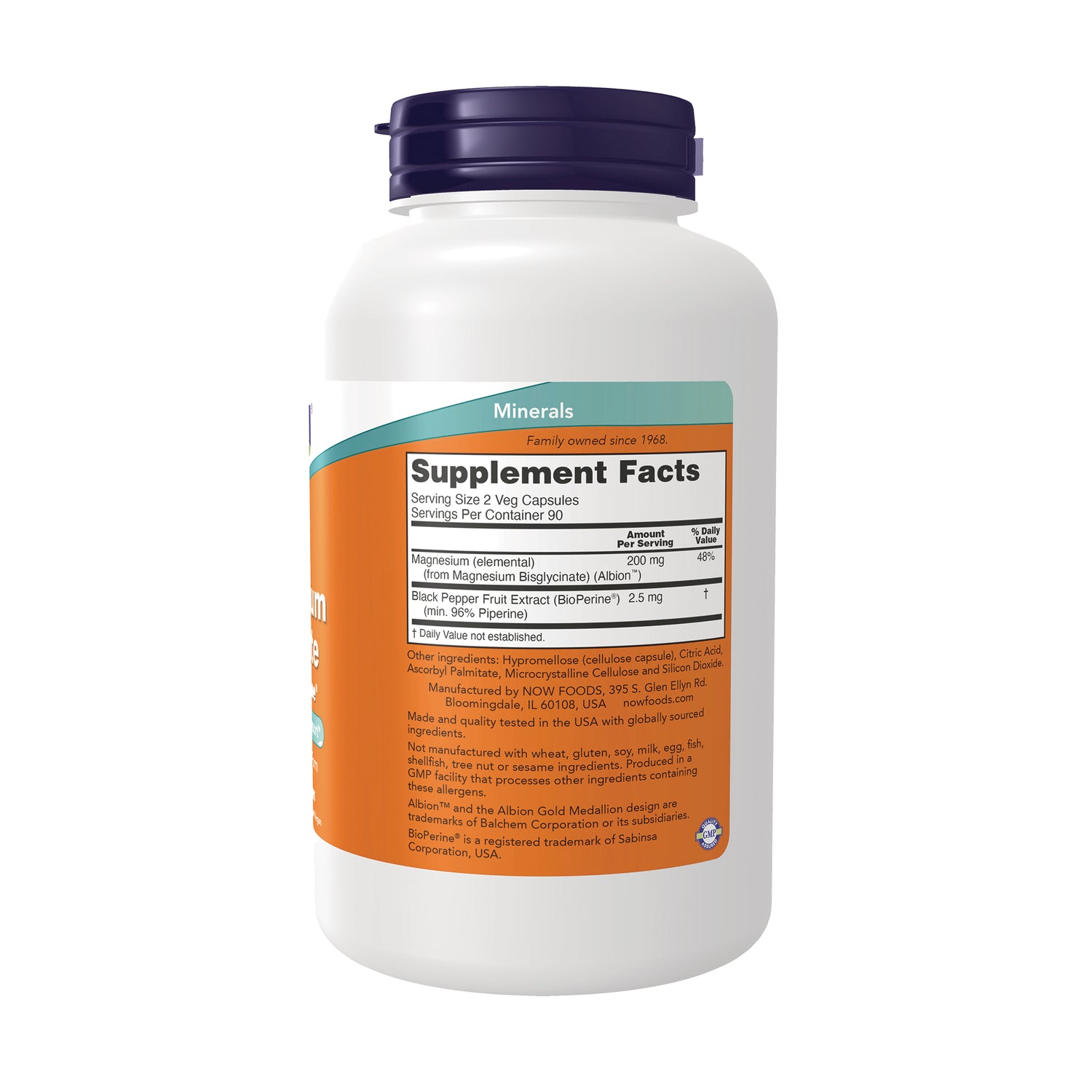NWF1398 | Back label showing Supplement Facts panel and ingredients on white bottle with orange and teal label
